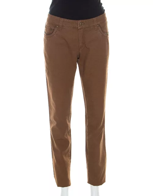 Roberto Cavalli Brown Stretch Cotton Leather Piping Detail Jeans