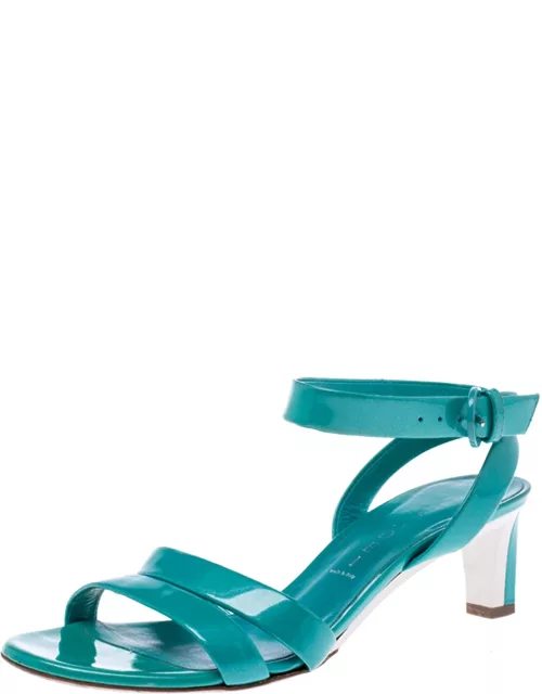 Casadei Turquoise Patent Leather Open Toe Cross Strap Mid Heel Sandal