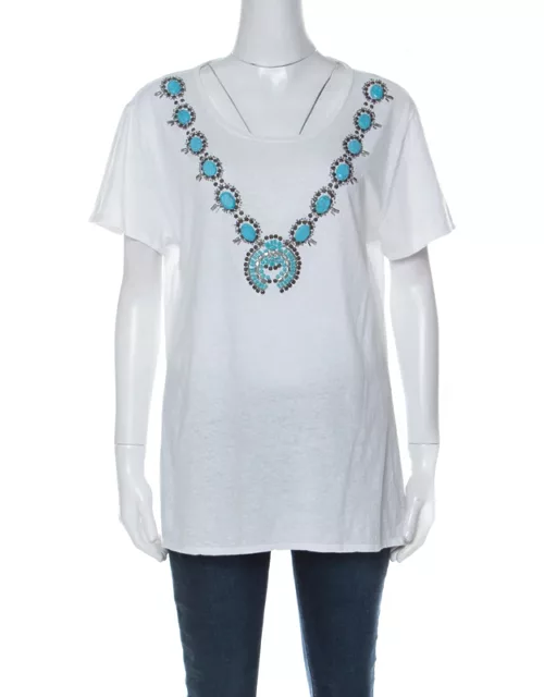 Tory Burch White Cotton Turquoise Bead Embellished T Shirt