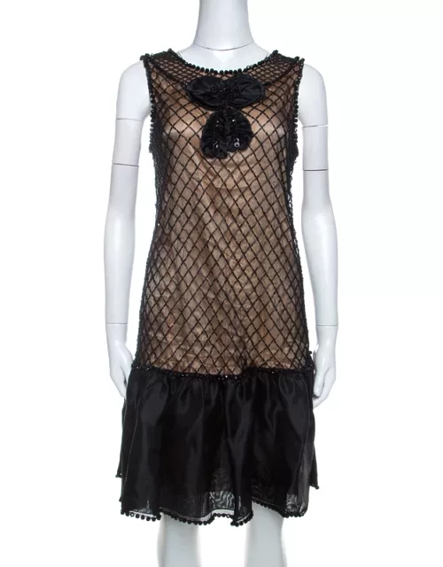 Red Valentino Black Beaded Lace and Silk Ruffle Detail Short Dress