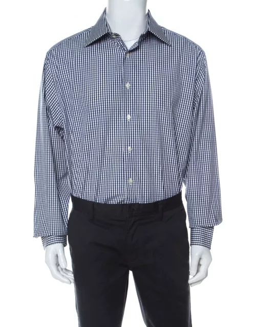 Emporio Armani Navy Blue and White Checked Cotton Long Sleeve Shirt