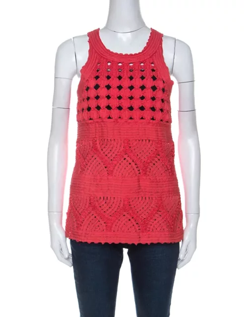 Cavalli Class Coral Red Cord Lace Embroidered Sleeveless Top