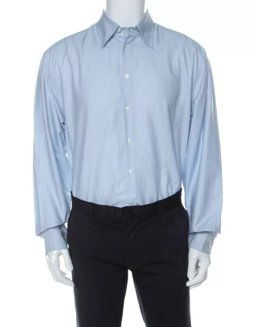 Giorgio Armani Pale Blue Striped Cotton Button Front Shirt