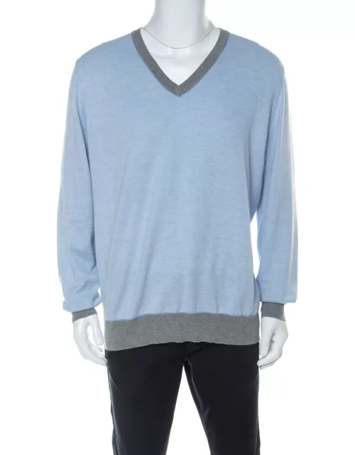 Brunello Cucinelli Light Blue Cotton V Neck Sweater