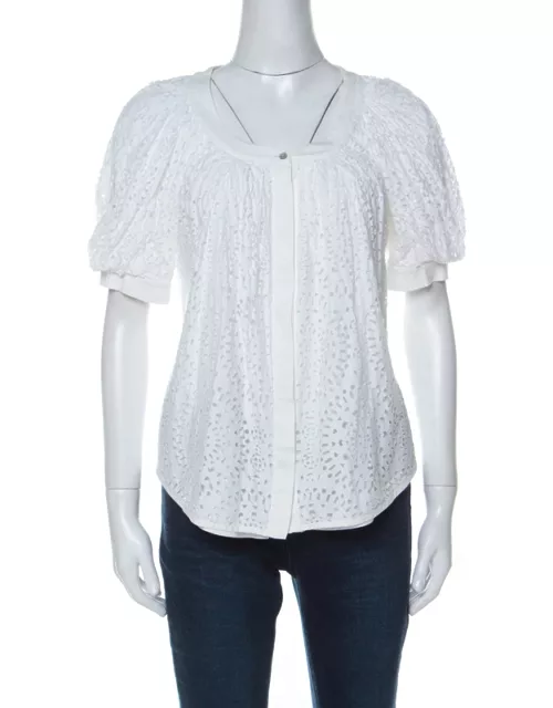 Valentino White Cotton Tattered Effect Puffed Sleeve Top