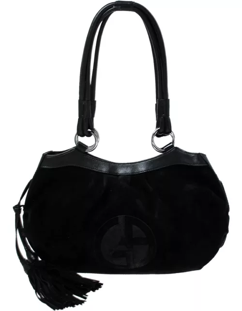 Giorgio Armani Black Suede and Leather Tassel Shoulder Bag