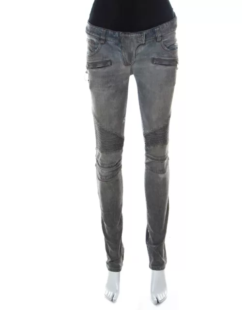 Balmain Grey Washed Denim Pintucked Panel Zip Detail Skinny Jeans