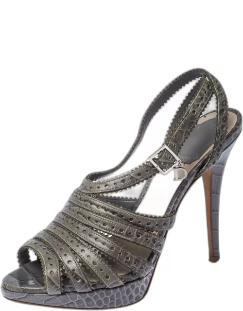Dior Grey Crocodile Bonnie Strappy Peep Toe Platform Sandal