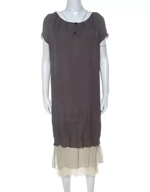 Fendi Grey Silk Ombre Fur Detail Layered Short Sleeve Dress