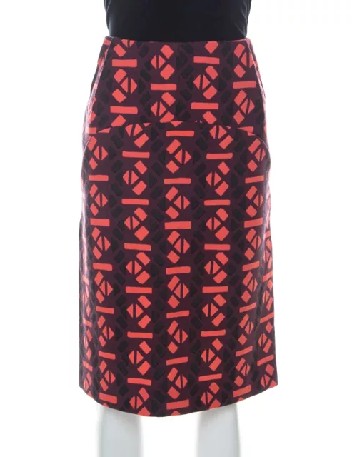 Marni Red Geometric Print Wool Pencil Midi Skirt