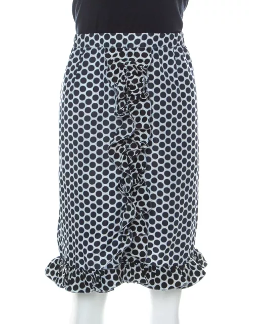 Marni Blue and White Polka Dot Printed Coated Silk Ruffle Detail Skirt