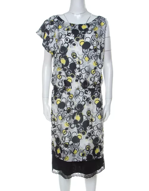 GF Ferre Multicolor circle Print Silk Lace Detail Asymmetric Shoulder Dress