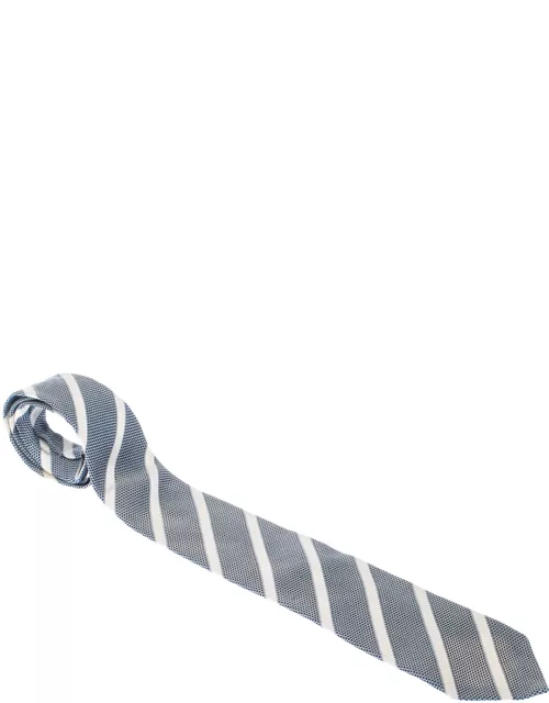 Boss By Hugo Boss Blue & White Textured Diagonal Stripes Silk Jacquard Classic Tie