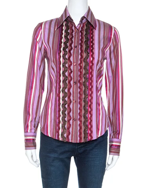 Etro Multicolour Striped Cotton Ruffled Detail Shirt
