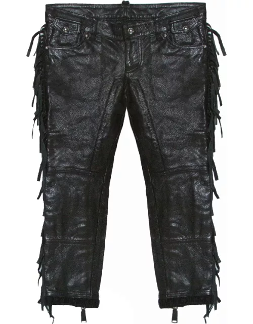 Dsquared2 Black Leather Fringed Trim Detail Cropped Pants