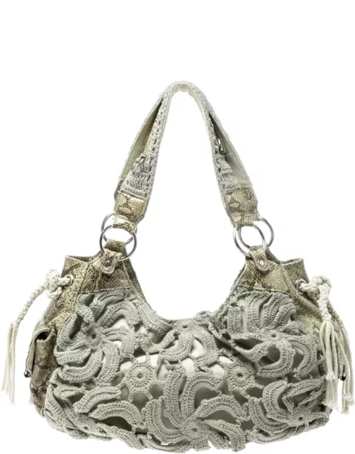 Gianfranco Ferre Olive Green/Cream Crochet and Python Embossed Leather Tote