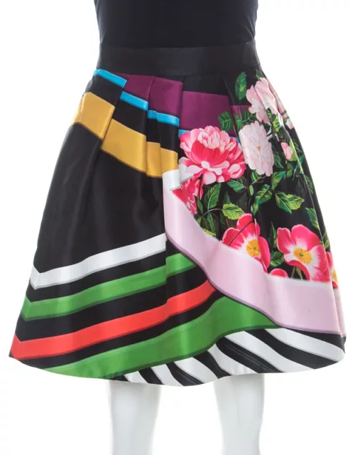Mary Katrantzou Black Floral & Stripe Print Short Algernon Skirt