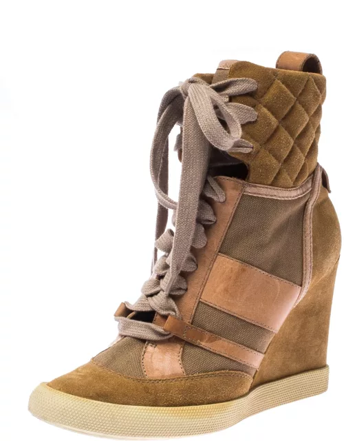 Chloe Beige/Brown Suede Leather And Canvas Lace Up Wedge Ankle Boot