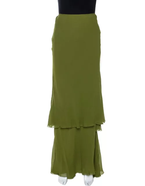 Alberta Ferretti Green Silk Crepe Tiered Skirt
