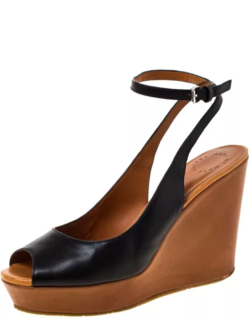 Marc by Marc Jacobs Black Leather Peep Toe Wedge Sandal