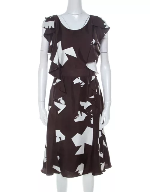 Oscar de la Renta Brown Abstract Print Silk Twill Ruffled Dress