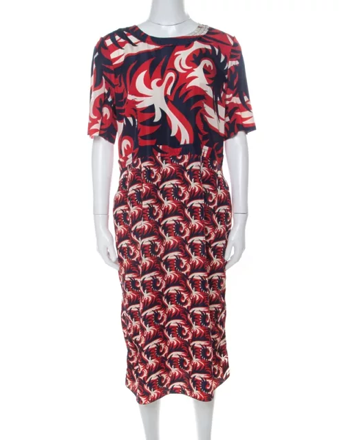 Marni Red & Blue Mixed Print Silk Blend Short Sleeve Dress