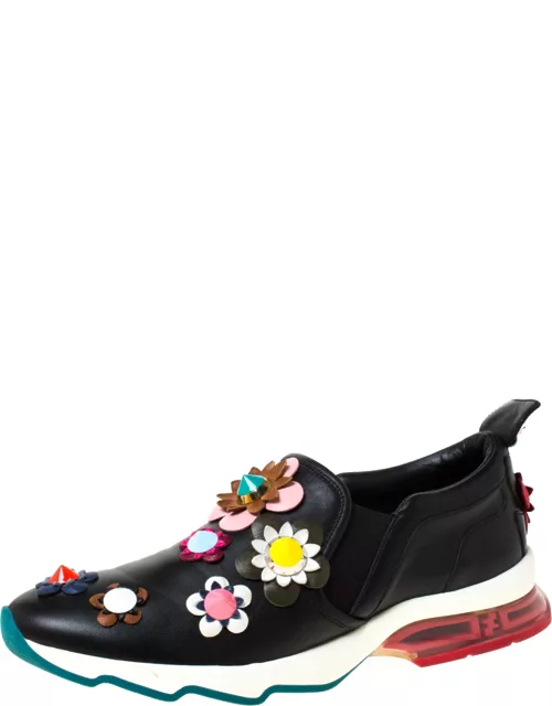 Fendi Black Leather Flowerland Ffast Slip On Sneaker