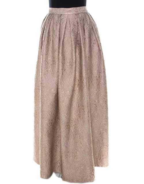 Max Mara Cream Lurex Floral Pattern Jacquard Long Skirt