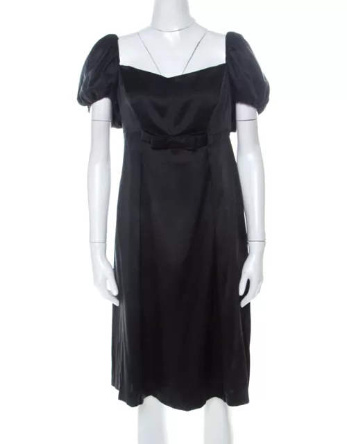 Issa Black Silk Puff Sleeve Front Bow Detail Short Dress