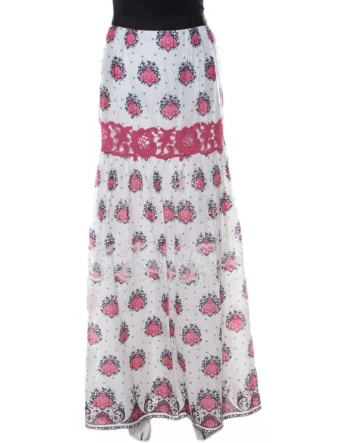 Philosophy di Alberta Ferretti White & Pink Cotton Floral Print Lace Insert Maxi Skirt