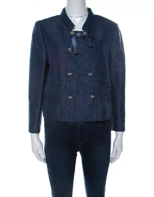 Valentino Blue Silk Jacquard Box Fit Cropped Jacket