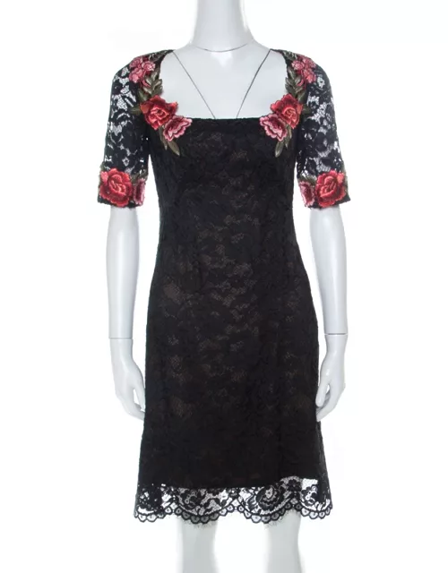 Marchesa Notte Black Lace Floral Applique Backless Short Dress