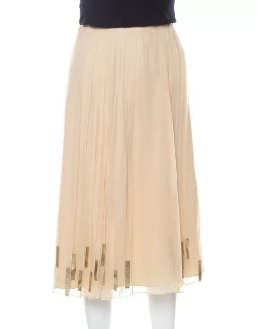 Elie Tahari Light Beige Pleated Silk and Gold Leather Trim Detail Midi Skirt