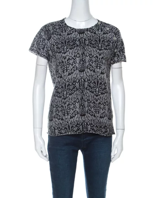 Zadig and Voltaire Grey & Black Printed Half Sleeve Silk-Cashmere Blend Top