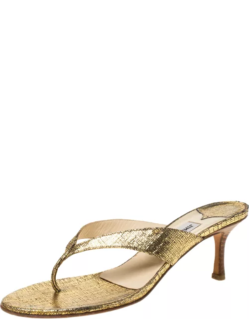 Jimmy Choo Gold Textured Leather Thong Wooden Heel Sandal