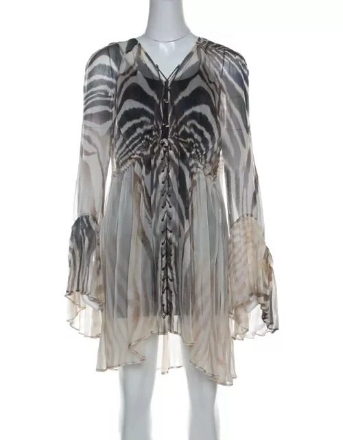 Just Cavalli Cream and Grey Tiger Printed Silk Tie Front Sheer Dress
