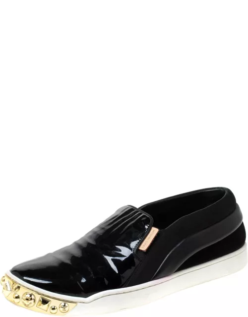 Louis Vuitton Black Patent Leather and Suede Studded Slip On Sneaker