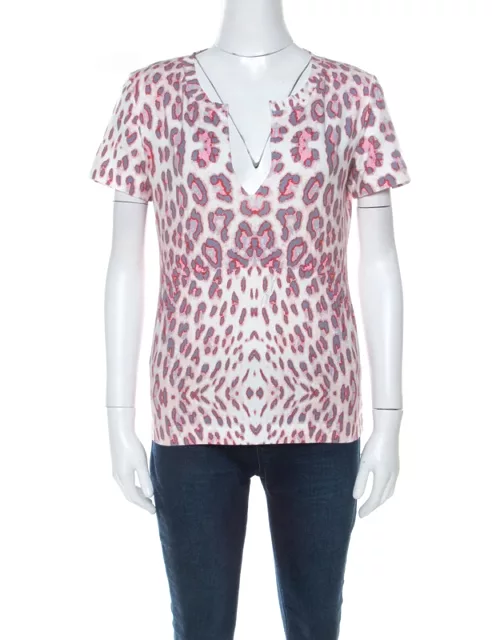 Just Cavalli Multicolor Leopard Print Slit Neck T-Shirt
