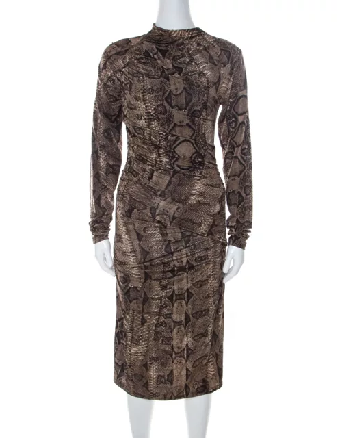 Roberto Cavalli Brown Snake Printed Jersey Ruched Detail Dress
