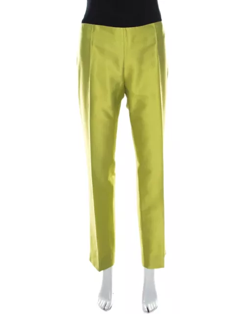 Moschino Bright Green Silk Blend Flat Front Straight Leg Trousers
