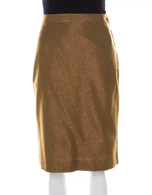 See by Chloe Brown Wool Blend Metallic Gold Pinstriped Pencil Skirt