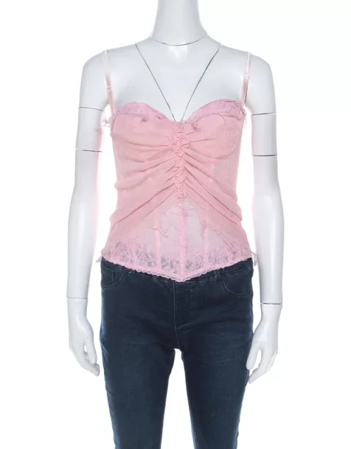Ermanno Scervino Pink Pleated Silk Frayed Detail Ruffled Corset Top