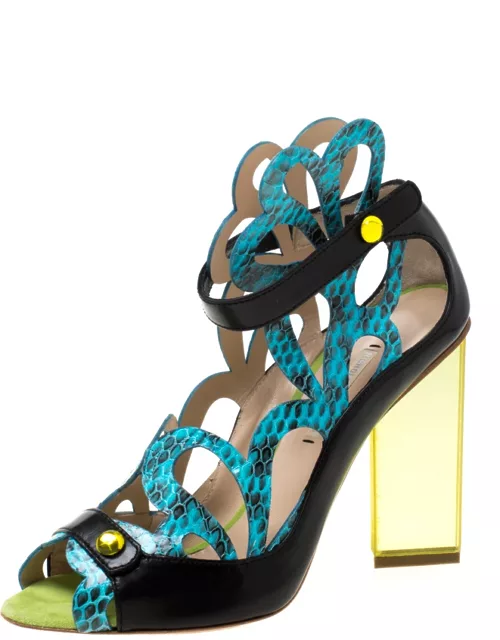 Nicholas Kirkwood Multicolor Laser Cut Python Embossed and Leather Mirror Block Heels Sandal