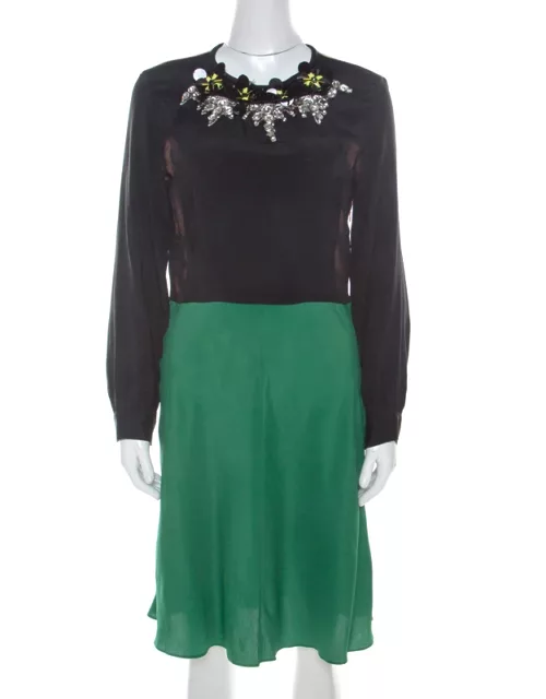 Marni Multicolor Silk Colorblock Floral Embellished Neckline Short Dress