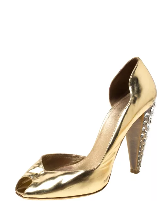 Miu Miu Gold Metallic Leather Crystal Embellished Heel Sandal