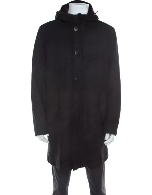 Armani Collezioni Dark Grey Wool and Fur Hooded Collar Detail Coat