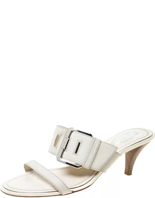 Tod's White Leather Buckle Accented Sandal