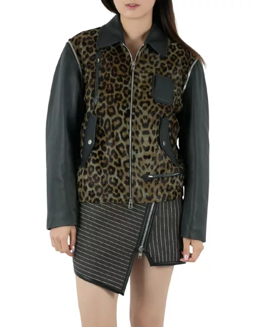 Faith Connexion Khaki and Navy Cheetah Print Detachable Sleeve Detail Moto Jacket