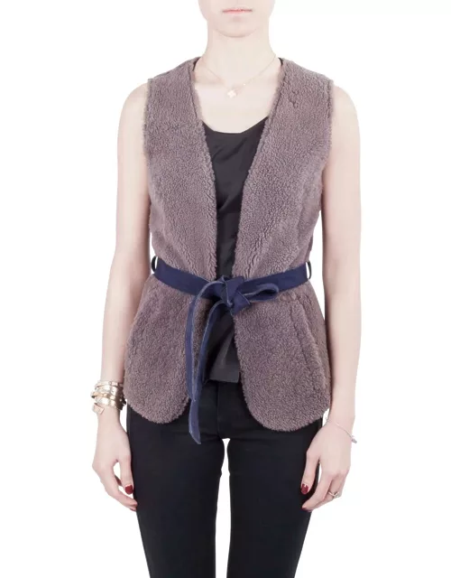 Moschino Cheap and Chic Gray Lamb Fur Leather Lined Belted Gilet