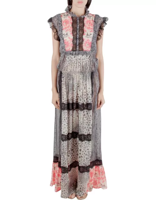 Amen Multicolor Silk and Lace Trim Multiprint Maxi Dress